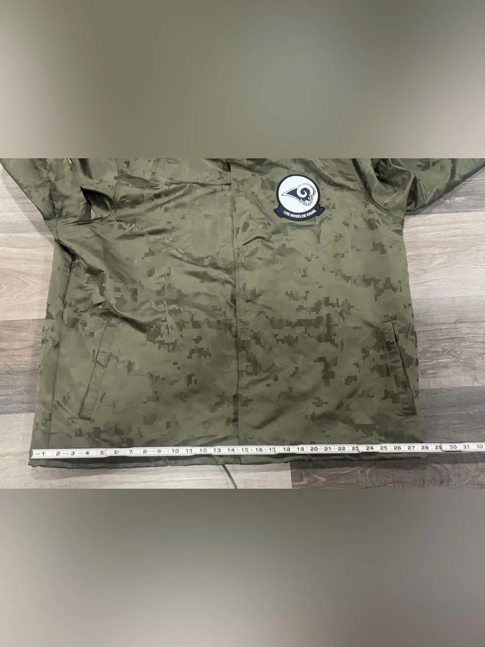 Nike NFL Los Angeles Rams Camo Coach Jacket - Olive Green with Orange Lining